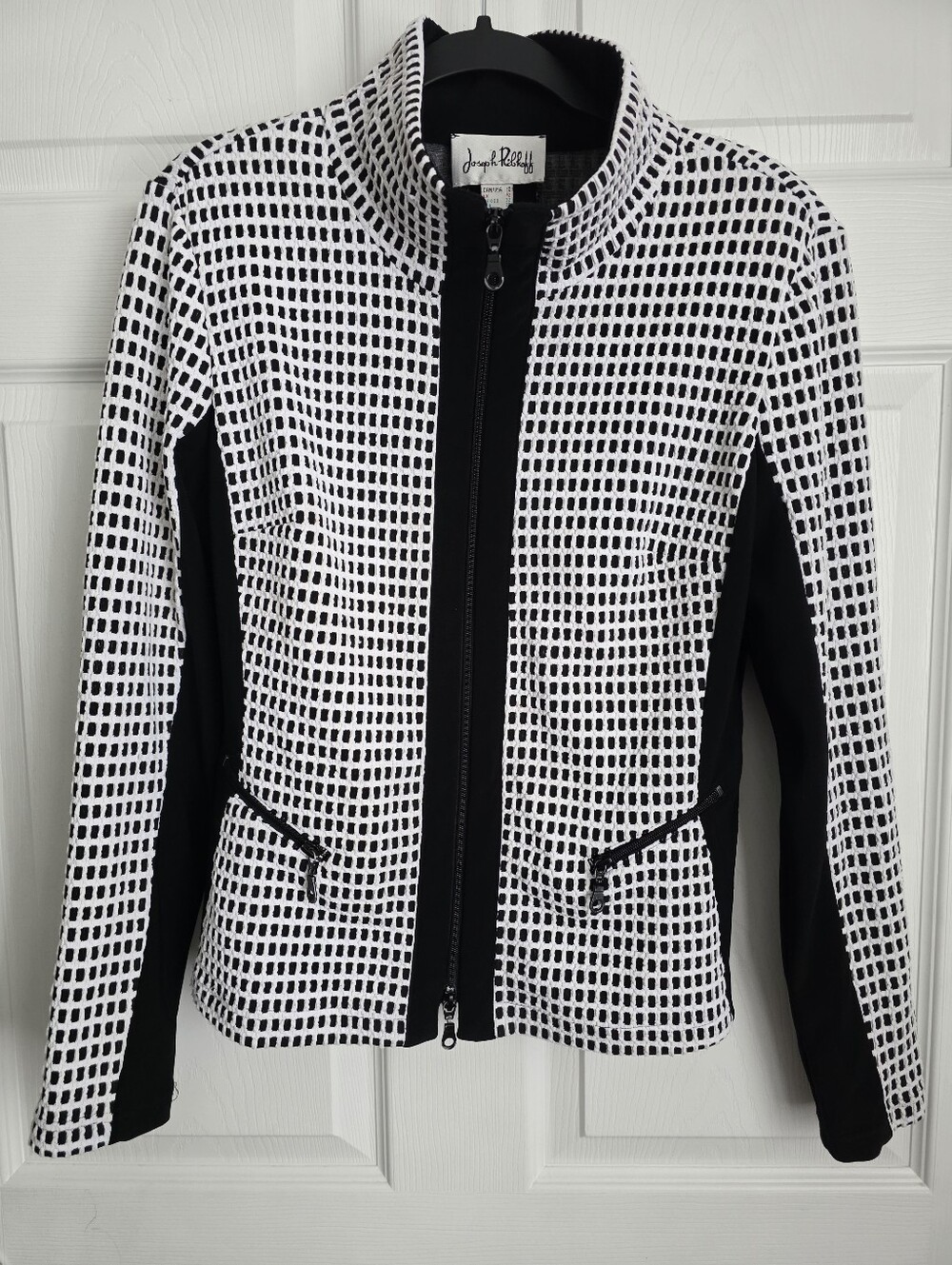 Joseph Ribkoff Textured Zip Blazer Jacket Black White 153897 Size 10